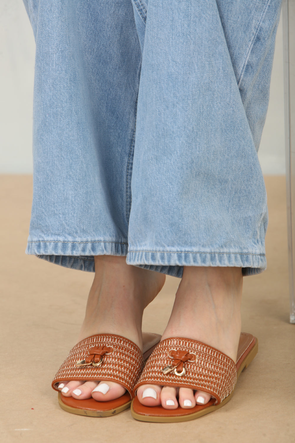 Tan PU Designer Slider Sandals