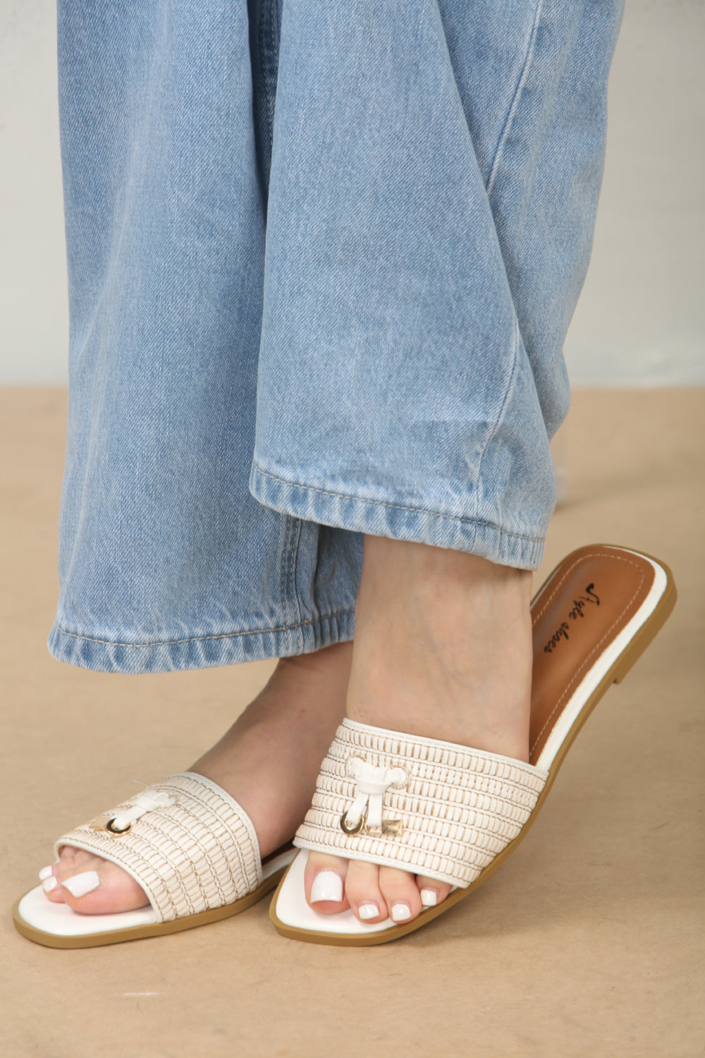 White PU Designer Slider Sandals