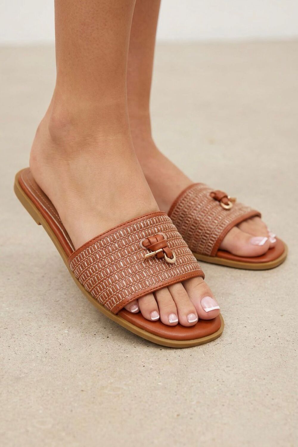Wholesale - Women’s Woven Texture Slide Sandals In Tan