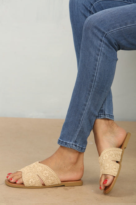 Beige Raffia Flat Sandals