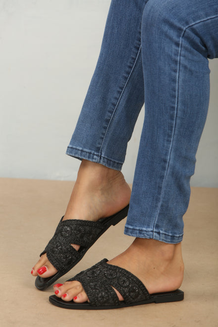 Black Raffia Flat Sandals