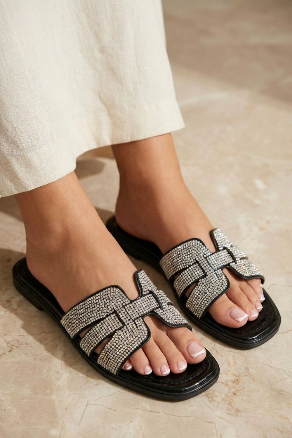Black Diamante Slider Sandals | Wholesale