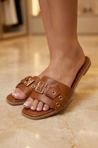 Wholesale Tan Buckle Detail Flat Slide Sandals