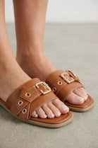 Wholesale Tan Buckle Detail Flat Slide Sandals