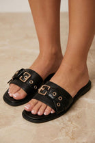 Black Buckle Detail Flat Slide Sandals - Pack A