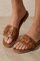 Wholesale Tan Buckle Detail Flat Slide Sandals