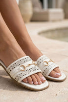 White Pu Gold Trim Detail Flat Slider Sandals