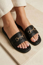 Black Pu Gold Trim Detail Flat Slider Sandals