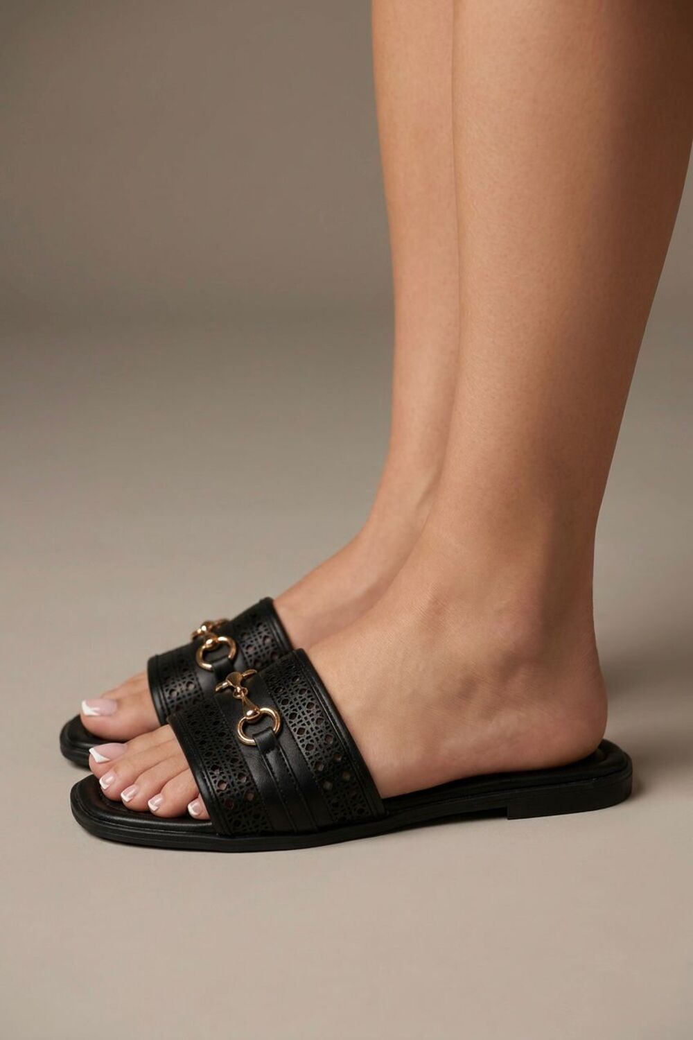 Black Pu Gold Trim Detail Flat Slider Sandals