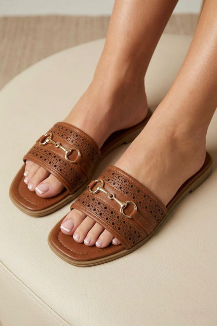 Tan Pu Gold Trim Detail Flat Slider Sandals