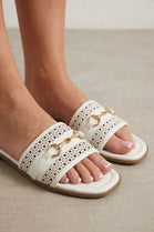 White Pu Gold Trim Detail Flat Slider Sandals