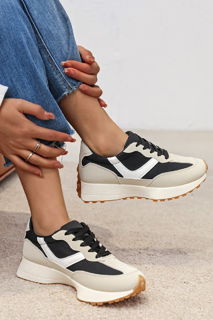BLACK LACE UP FLAT SIDE DETAIL TRAINERS