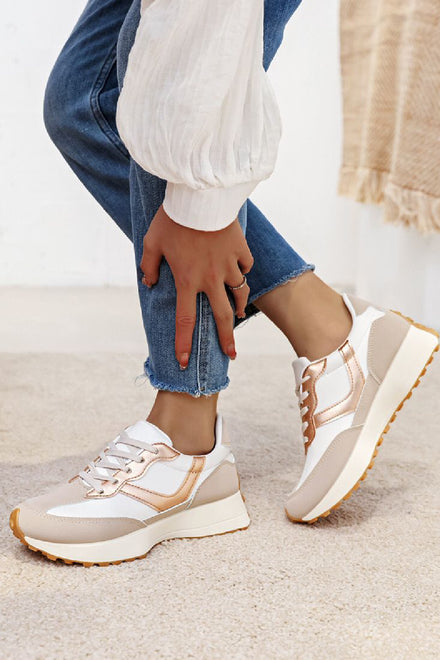 CHAMPAGNE LACE UP FLAT SIDE DETAIL TRAINERS