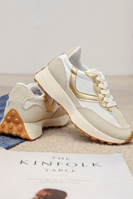 GOLD LACE UP FLAT SIDE DETAIL TRAINERS