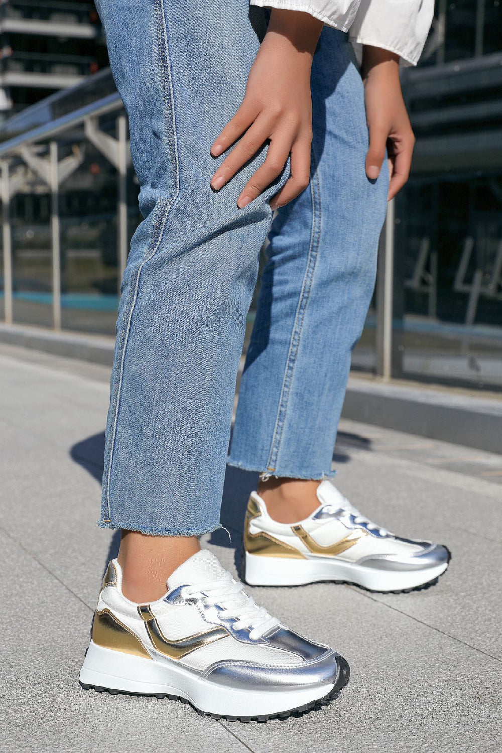 GOLD SILVER CHUNKY PLATFORM SIDE DETAIL CASUAL LACE UP TRAINERS