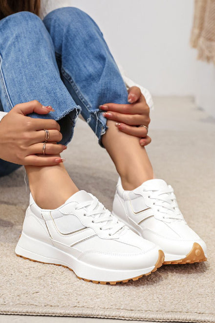 WHITE LACE UP FLAT SIDE DETAIL TRAINERS