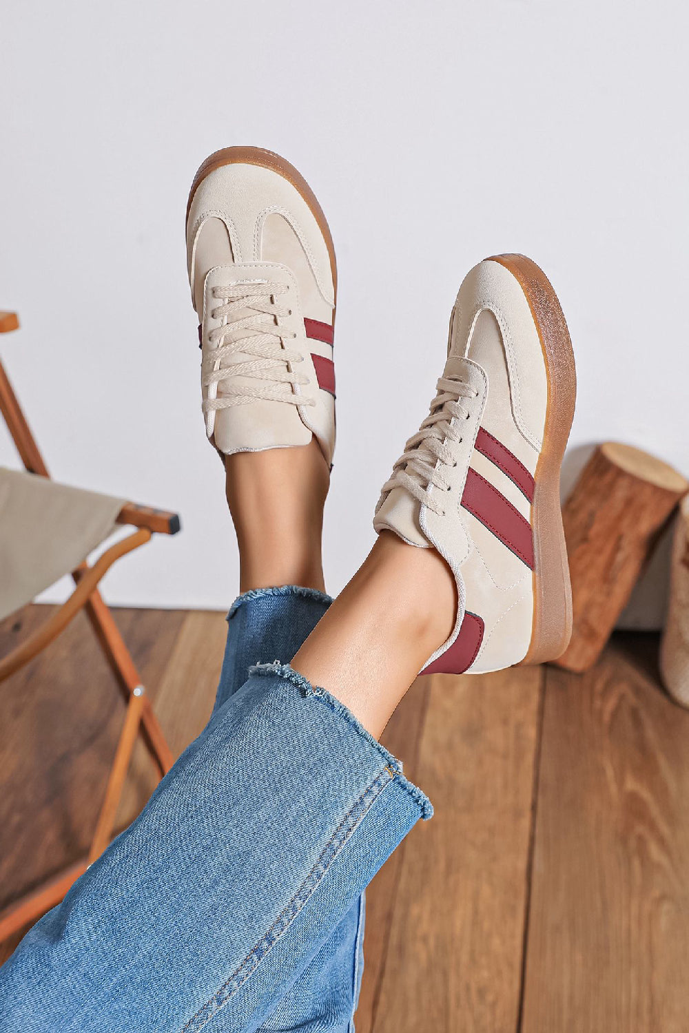 Women's Lace Up Flat Casual Fashion Designer Trainers in Beige