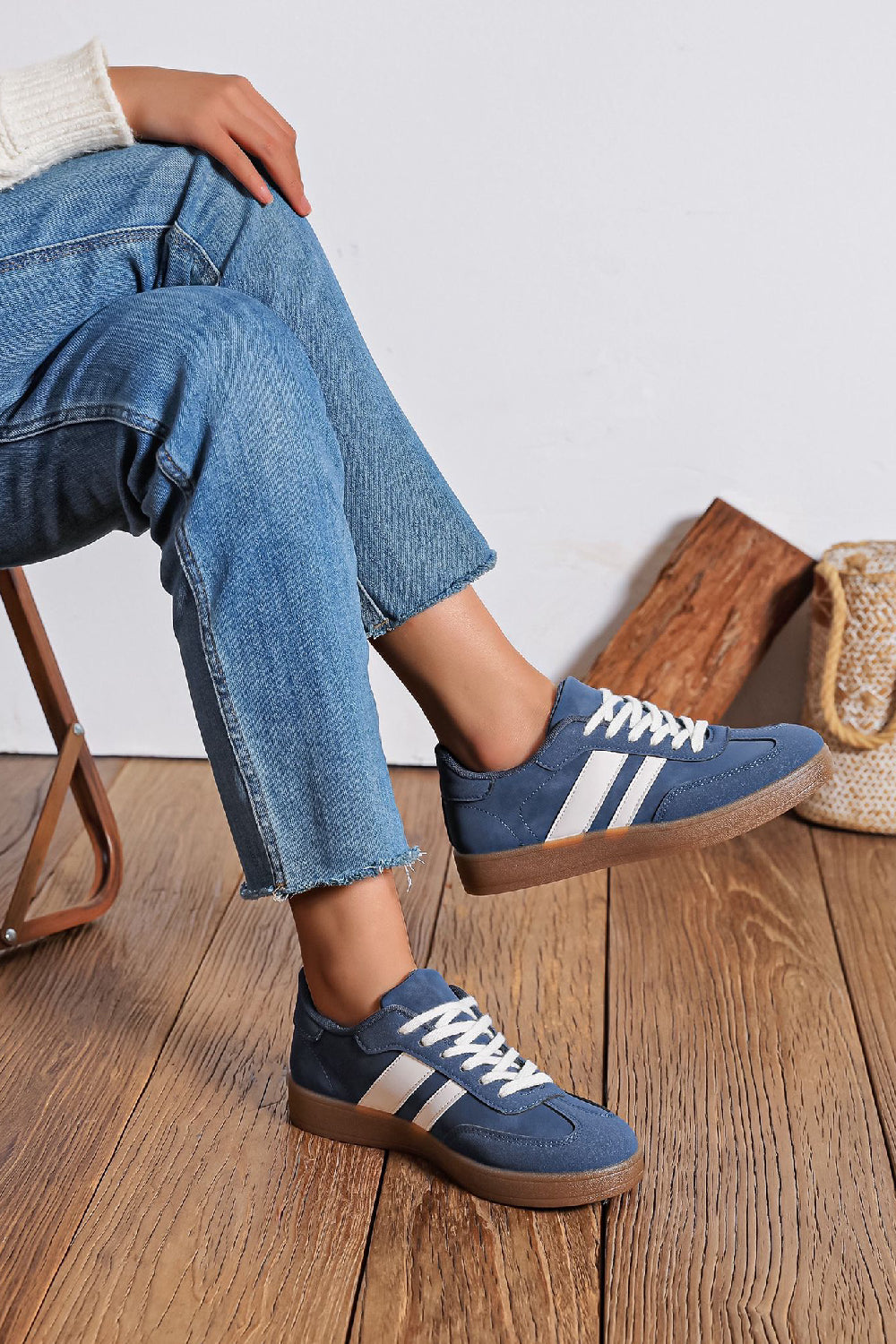 Women's Lace Up Flat Casual Fashion Designer Trainers in Dark Blue