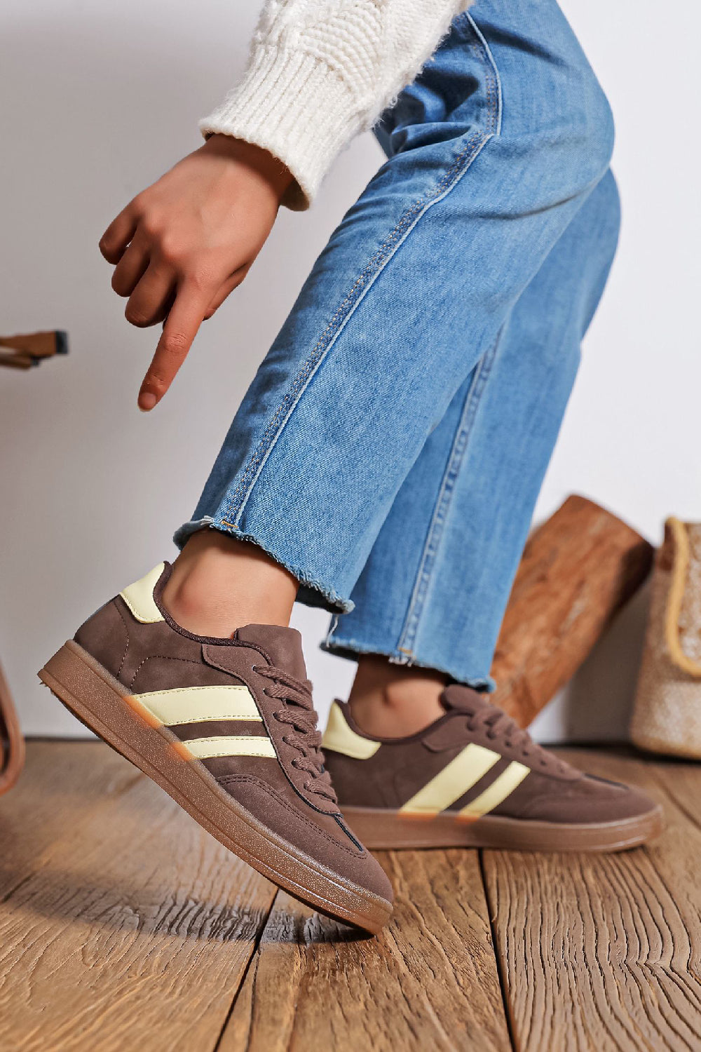 Women's Lace Up Flat Casual Fashion Designer Trainers in Dark Brown