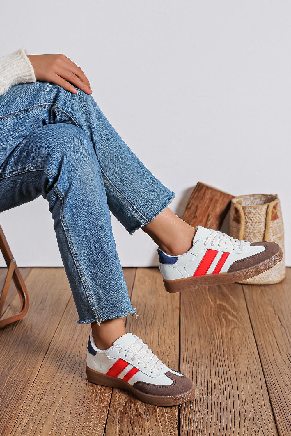 Women's Lace Up Flat Casual Fashion Designer Trainers in White/Brown