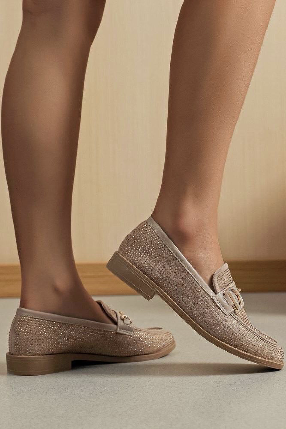 KHAKI CRYSTAL DIAMANTE LOAFERS SPARKLY GOLD TRIM DETAIL SHOES