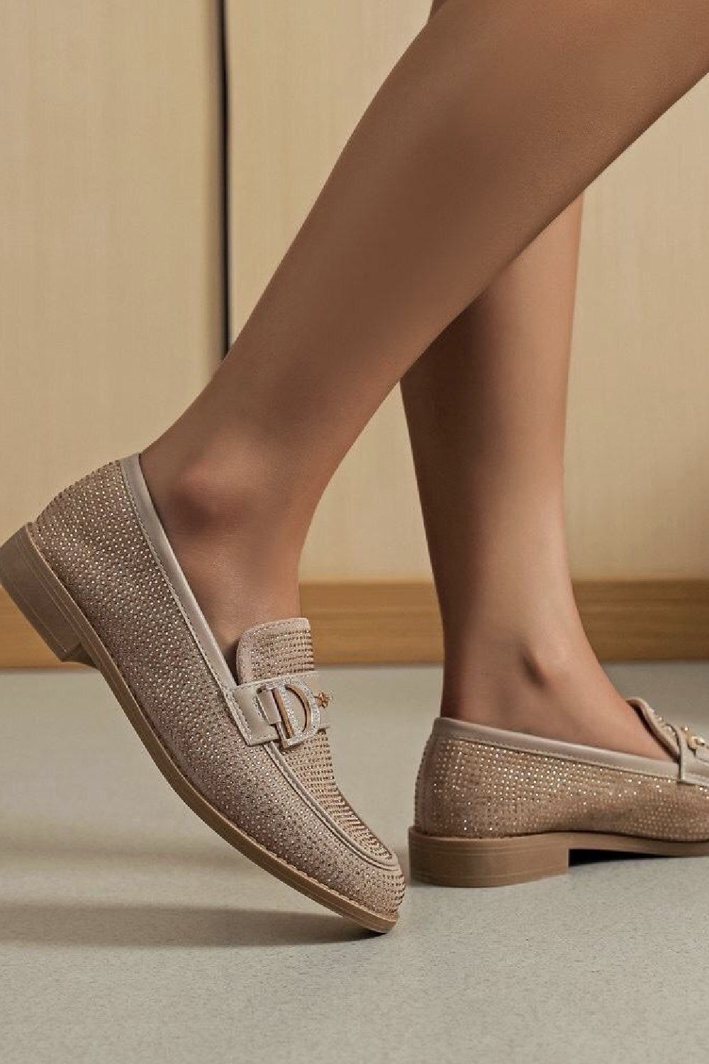 KHAKI CRYSTAL DIAMANTE LOAFERS SPARKLY GOLD TRIM DETAIL SHOES