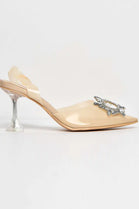 Diamante Brooch Slingback Perspex Court Shoes In Nude