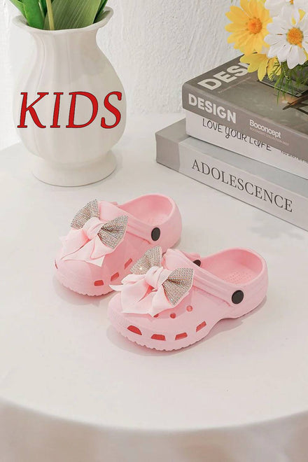 Kids Pink Rhinestone Sparkling Bow Clogs Slip-On Sandals | 24/29 Sizes (Pack of 24)
