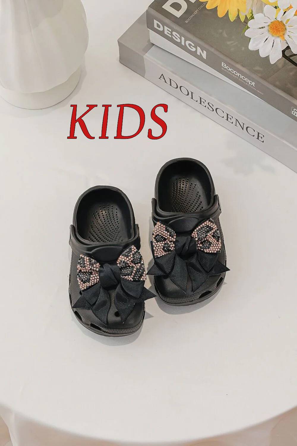 Kids Leopard Rhinestone Sparkling Bow Clogs Slip-On Sandals | 30/35 Sizes (Pack of 24)