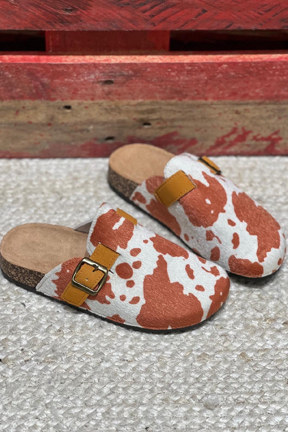 COW BROWN PRINT ROUND TOE BUCKLE MULE CLOGS SLIPPERS