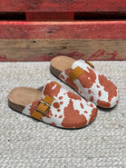 COW BROWN PRINT ROUND TOE BUCKLE MULE CLOGS SLIPPERS