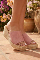 Pink Faux Suede Espadrille Wedge Mules