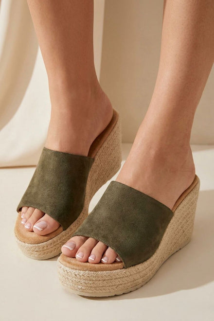 Green Faux Suede Espadrille Wedge Mules