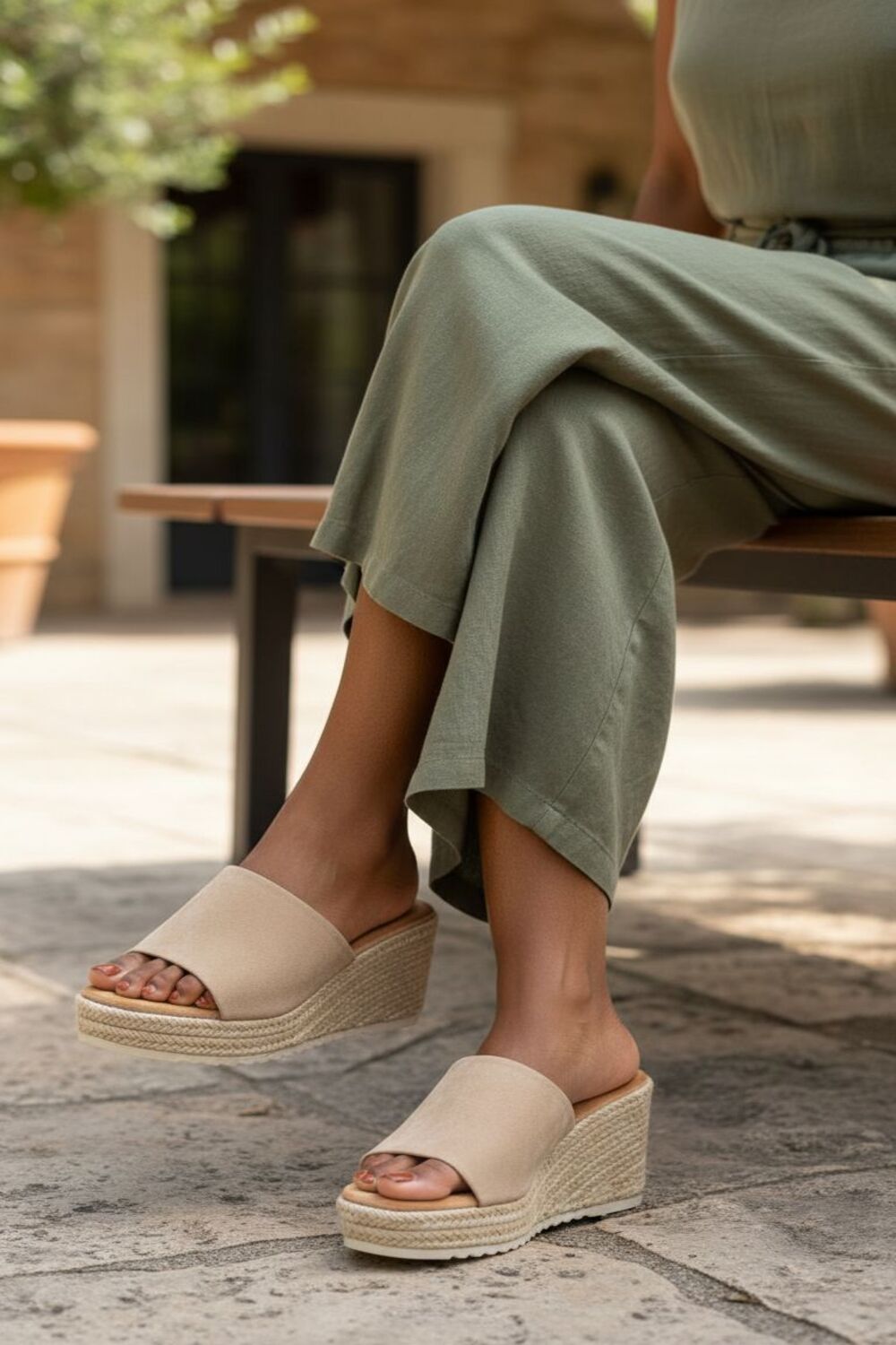 Beige Faux Suede Espadrille Wedge Mules