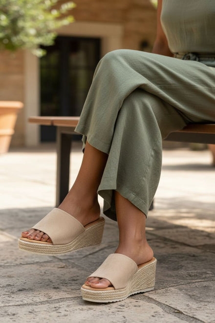 Beige Faux Suede Espadrille Wedge Mules