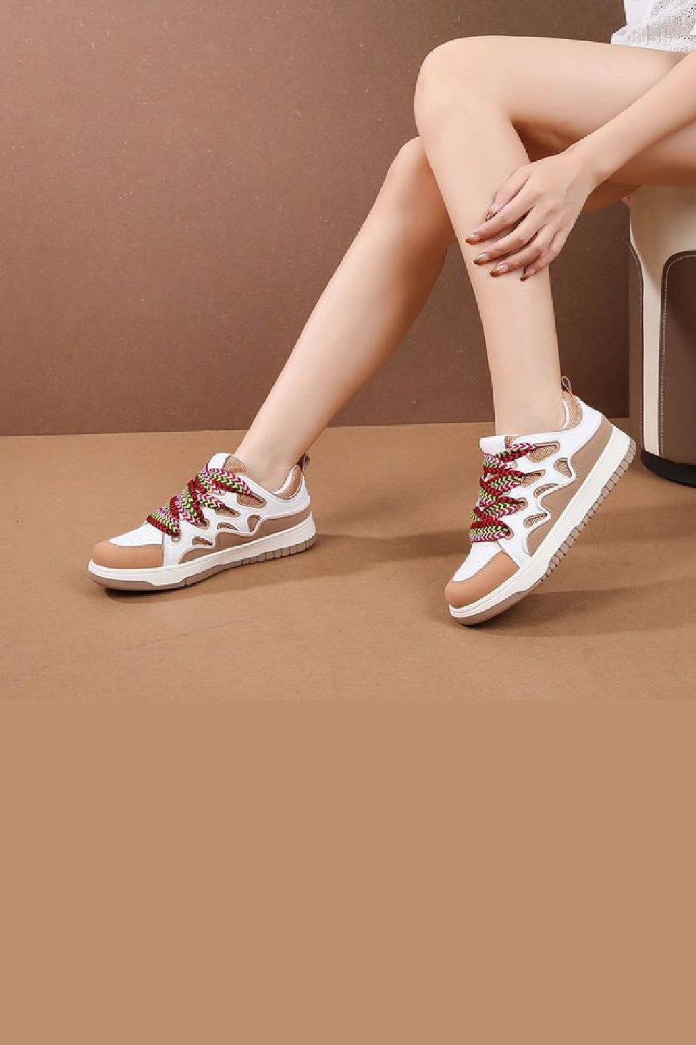 CAMEL RIBBON DETAIL LACE UP CHUNKY FLAT TRAINERS
