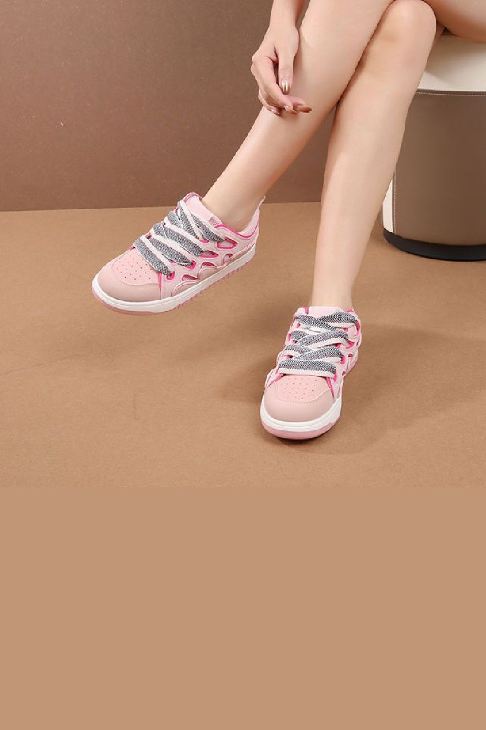 PINK RIBBON DETAIL LACE UP CHUNKY FLAT TRAINERS