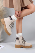 Women's Chunky Padded Lace Up Hiker Boots in Beige