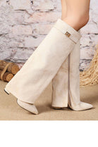 BEIGE SUEDE FOLD OVER BUCKLE DETAIL BLOCK HEEL KNEE HIGH BOOTS