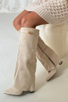 BEIGE SUEDE FOLD OVER BUCKLE DETAIL BLOCK HEEL KNEE HIGH BOOTS