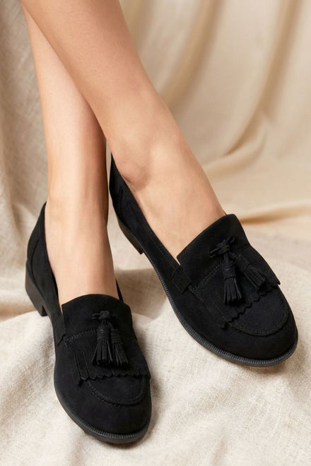 Women's Black Suede Tassel Loafers | Wholesale