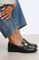 Black Croc Embossed Loafers with Gold Medallion Detail