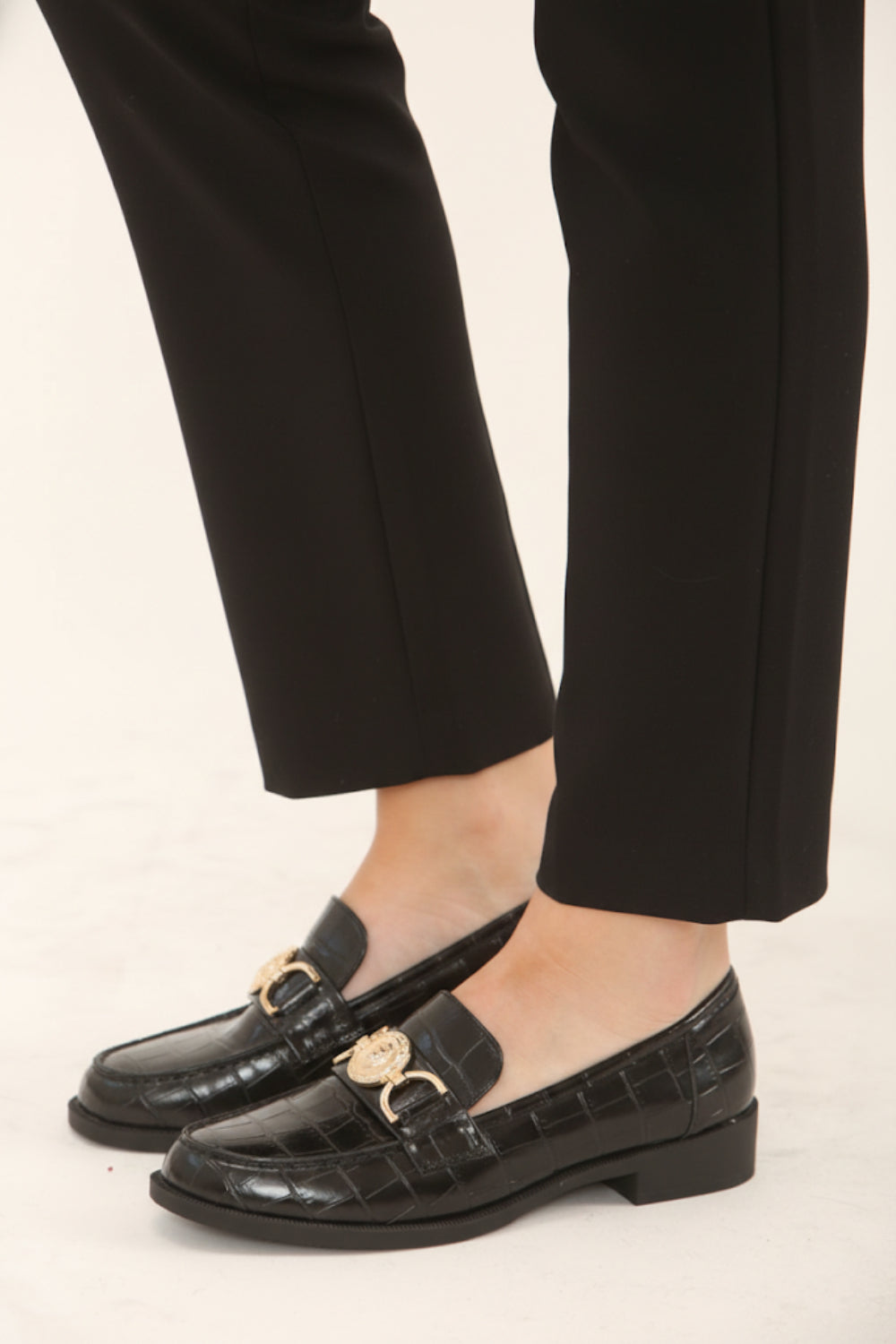 Black Croc Embossed Loafers with Gold Medallion Detail