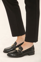 Black Croc Embossed Loafers with Gold Medallion Detail