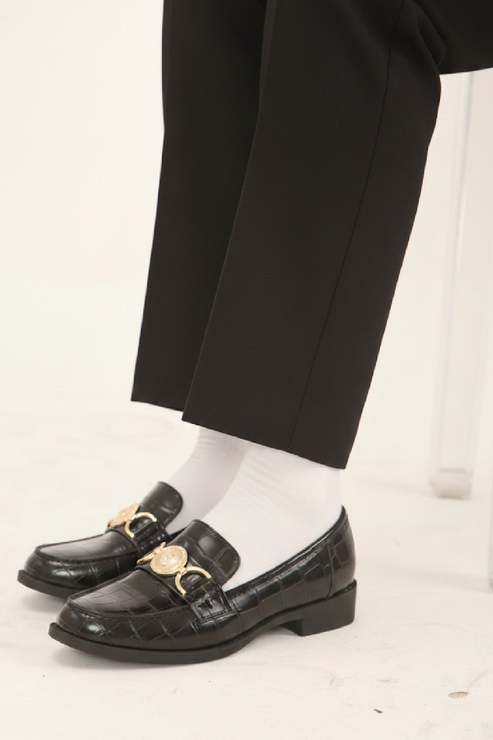 Black Croc Embossed Loafers with Gold Medallion Detail