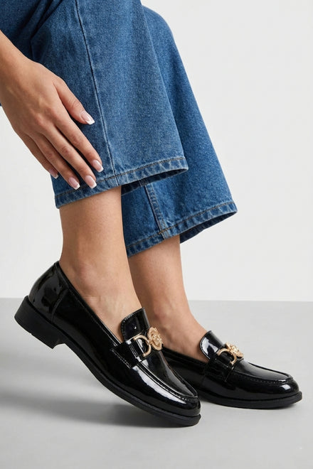 Black Patent Loafers with Gold Medallion Detail