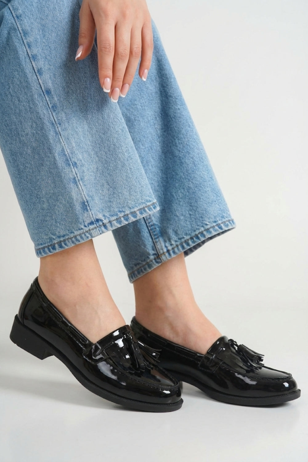 Ladies Black Patent Slip-On Tassel Loafer Shoes