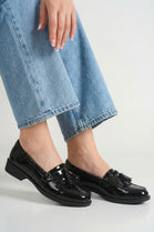 Ladies Black Patent Slip-On Tassel Loafer Shoes