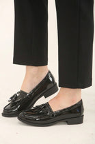 Ladies Black Patent Slip-On Tassel Loafer Shoes