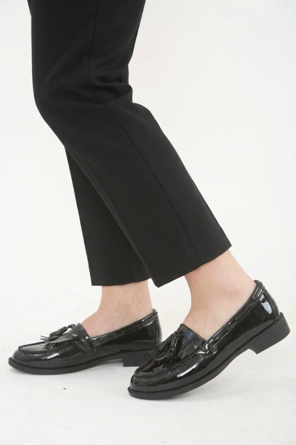 Ladies Black Patent Slip-On Tassel Loafer Shoes
